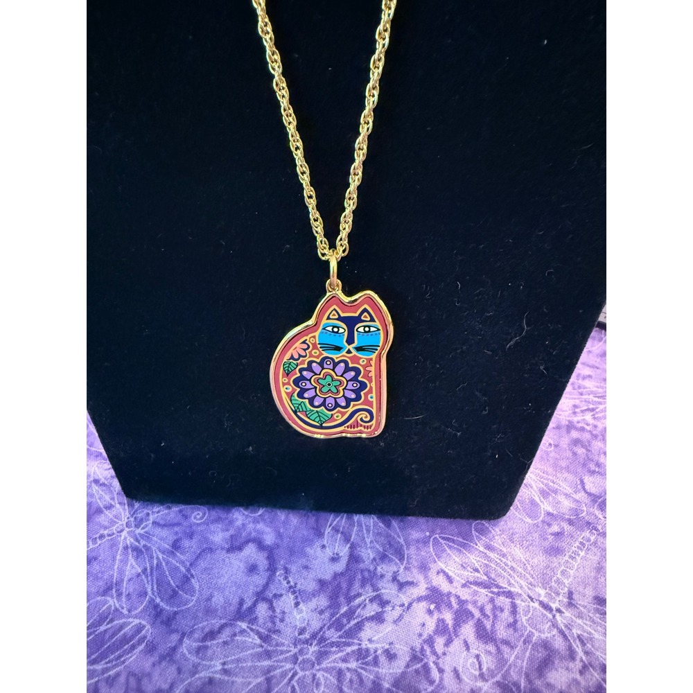 Laurel Burch Womens Pendant Necklace Colorful Vintage Enamel Cat Floral 1999